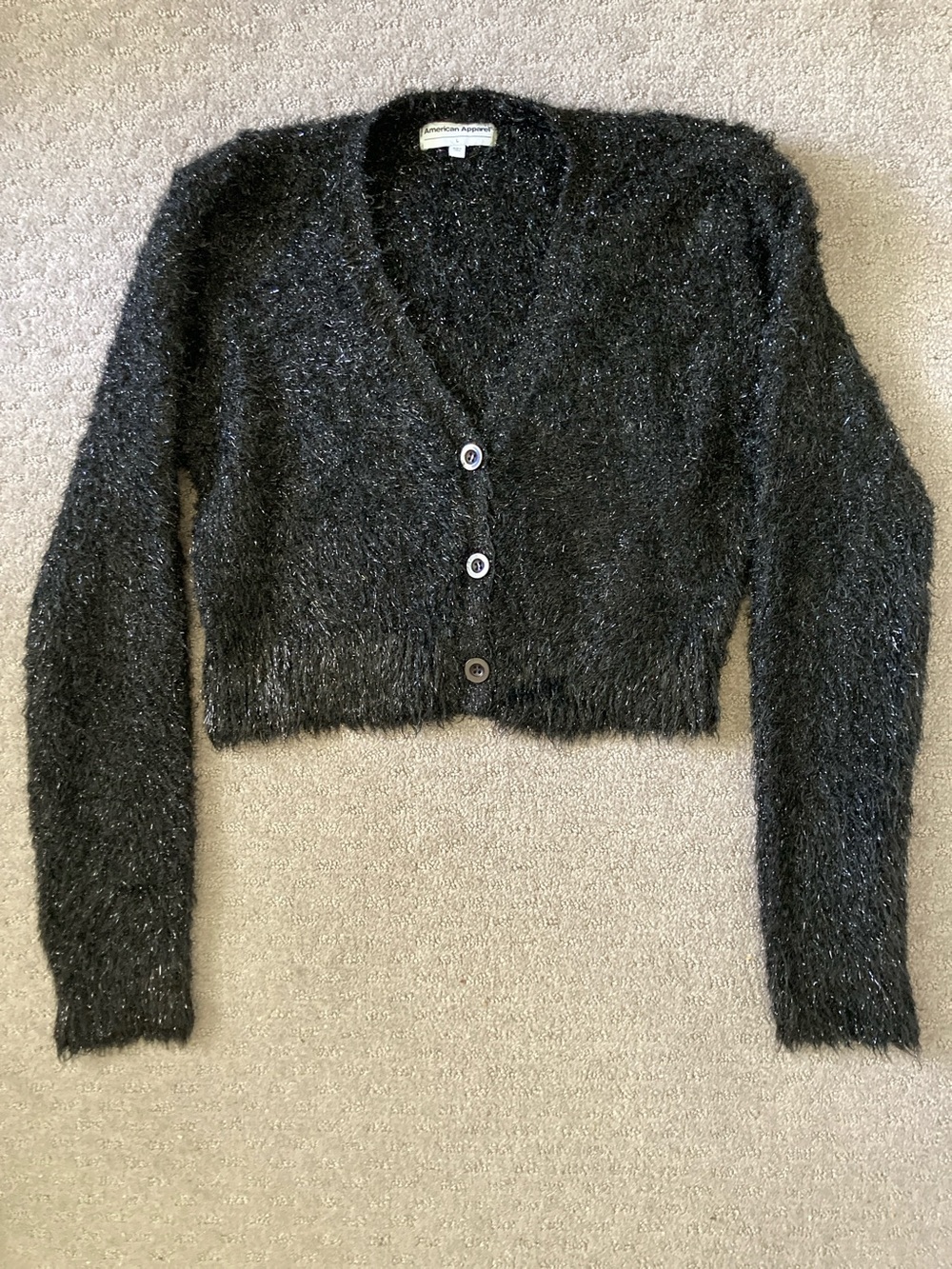 American Apparel fuzzy black metallic crop cardigan, Large